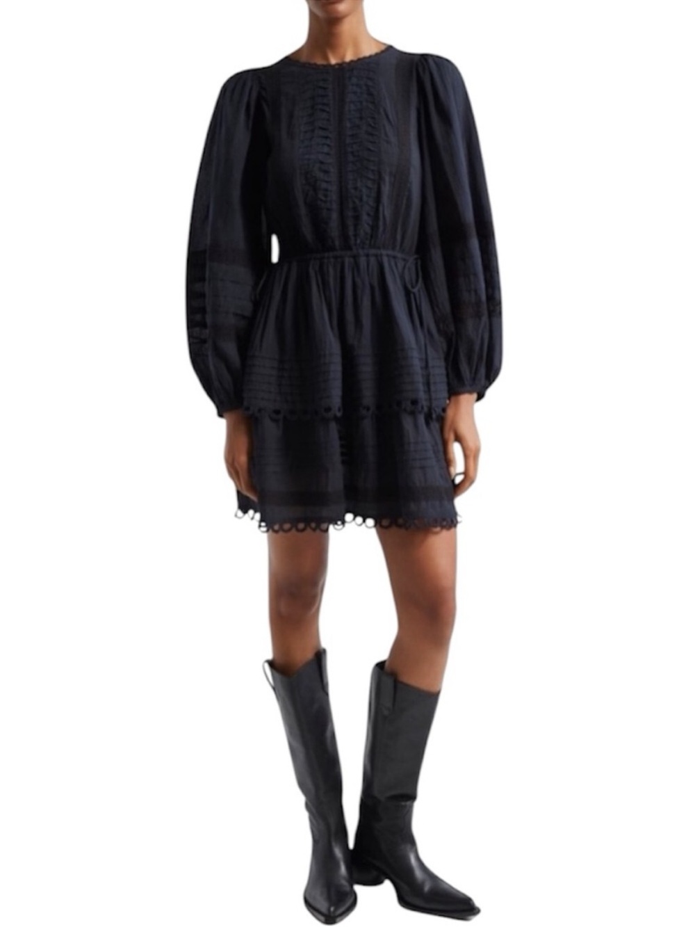 FARM Rio Pintuck & Lace Detail Long Sleeve Cotton Minidress Size Medium NWT